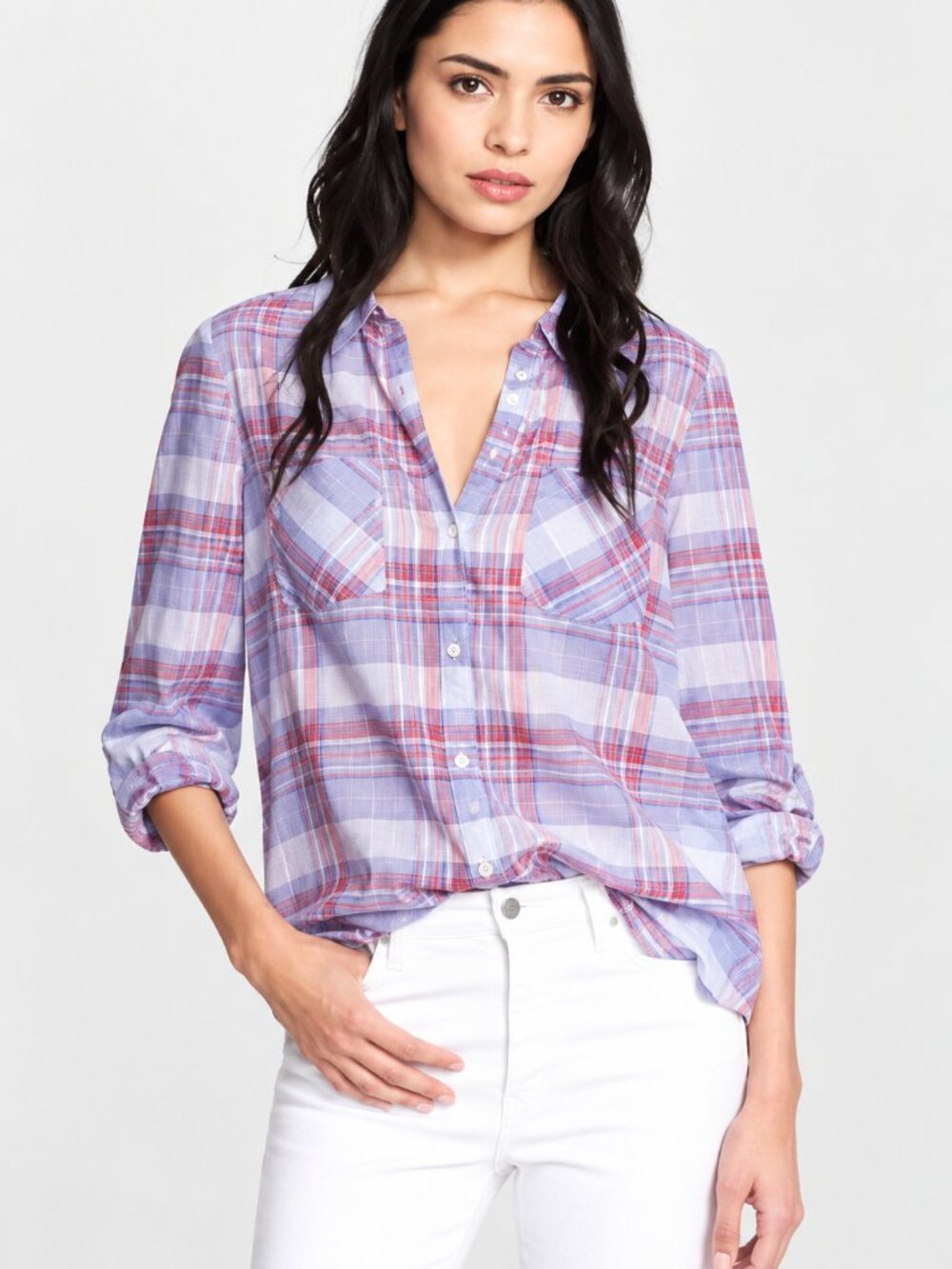 Joie Aidan XS Purple Plaid Button Down Shirt 100% Cotton Preppy Lightweight Fall